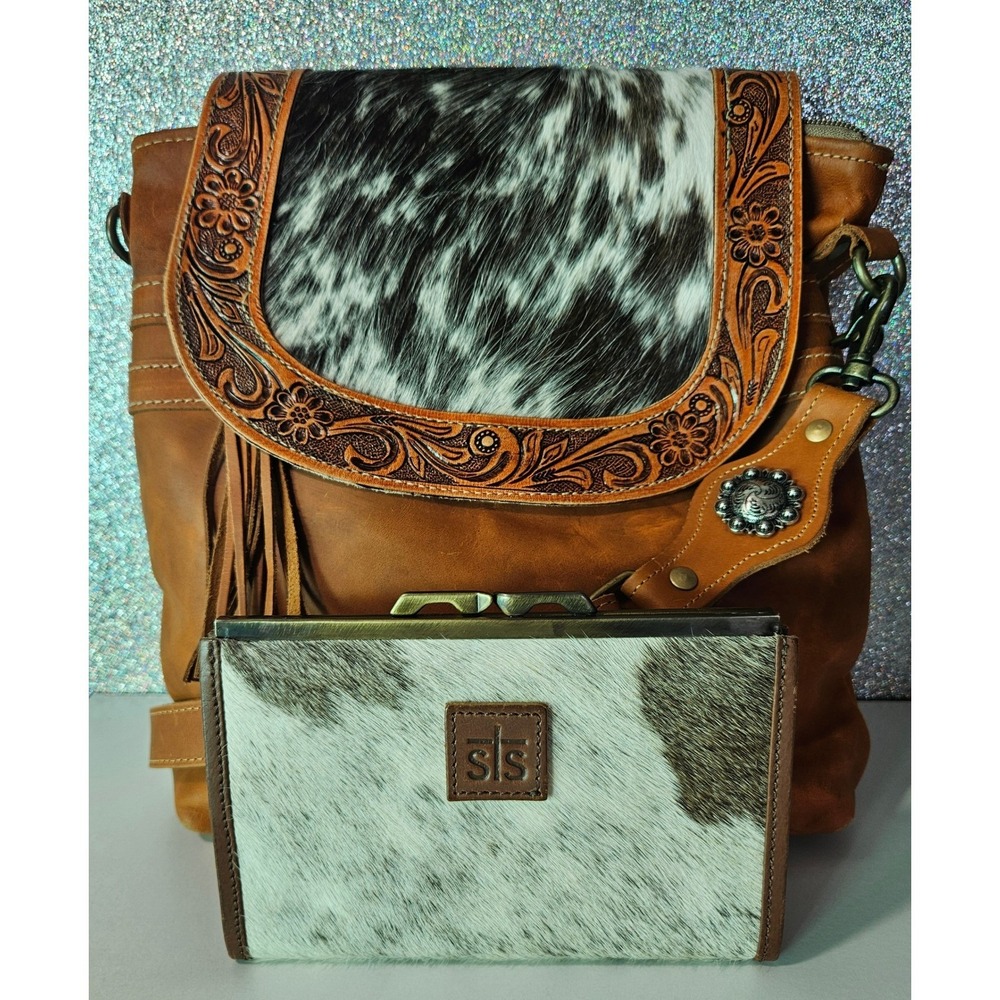 Stitched Leather Cowhide Crossbody Bag and Wallet Set - Tan and White